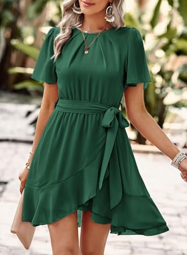 Dokotoo Womens Summer Dresses 2025 Crewneck Short Sleeve Waist Tie Ruffle Casual Chiffon A-Line Swing Mini Dress3