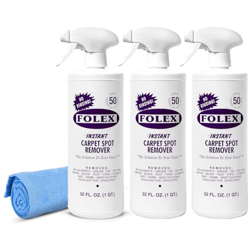 Image of FOLEX Instant Carpet Spot Remover 32 oz - Powerful Stain Remover for Carpets, Upholstery & Rugs - Eliminates Pet Stains, Grease, Red Wine, Food, Makeup & More - With Reusable Cleaning Cloth - 3 Pack