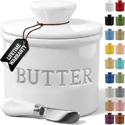 Priority Chef Butter Crock with Lid with Water Line, Ceramic French Butter Dish to Leave On Counter, White