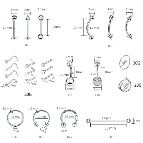 TKKUY 103PCS Piercing Kit for all Body Piercings Stainless Steel Piercing Jewelry with 12G 14G 16G 20G Piercing Needles and Tools for Nose Septum Belly Button Lip Ear Tongue Cartilage Eyebrow Tragus