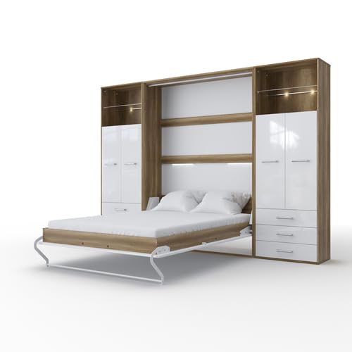 MAXIMAHOUSE Schrankbett vertikal Invento LED 140V mit 2 Regalen, Lattenrost aus Holz, Wandklappbett 140x200 modern Concept und Design, stabil,praktisch,platzsparend