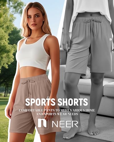 Neer 3 Pack Women's Quick Dry Shorts Women Drawstring High Waisted Bermuda Athletic Shorts with Pockets(Black,Khaki,Dark Grey,X-Large) - Thumbnail 6