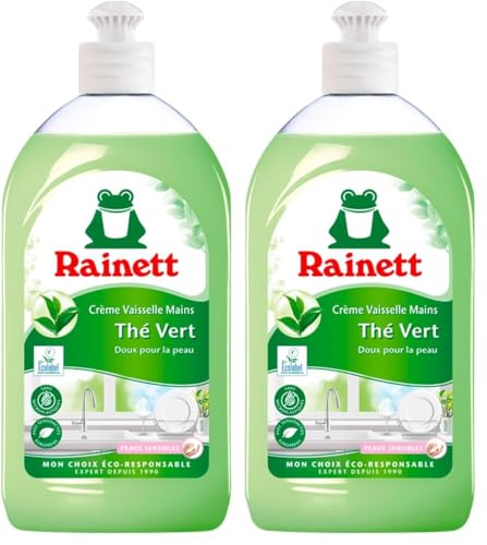 RAINETT - Liquide Vaisselle Mains - Formule Hypoallergénique - Préserve les Peaux Sensibles - Flacon Recyclé & Recyclable - Ecolabel - Thé Vert - 500 ml (Lot de 2)