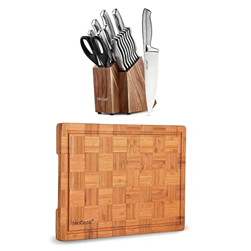 McCook MC20 Stainless Steel Knife Block Sets + MCW12 Bamboo Cutting Board (Large, 17â€x12â€x1â€)