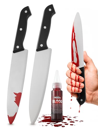 Festicy Fake Messer 2er-Set I Fake knife aus Kunststoff mit 25 ml Kunstblut I Blutiges messer Halloween Accessoire