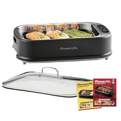 PowerXL Smokeless Grill - Elektro Grill - rauch- & gerucharmer Grillgenuss - mit Grillplatte, Grillrost & Aromafunktion - Anti-Haft-Beschichtung - mit Thermo-Glasdeckel - Indoor Grill - 1500 Watt