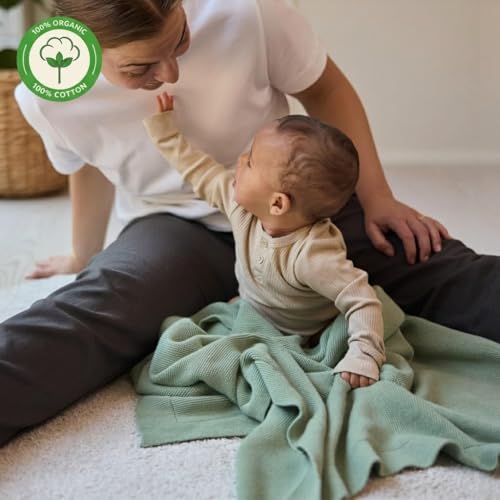 Image of 100% Organic Cotton Knit Receiving Baby Blanket for Newborns - Soft, Breathable Blanket for Crib & Stroller - Nursery Gift (Roman Green)