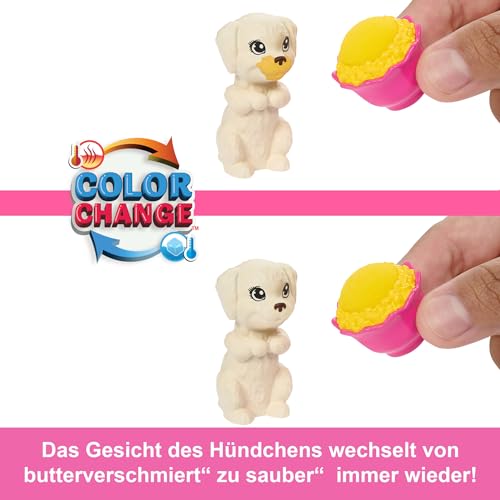 Barbie-Puppe und Spielset mit 2 Spielzeughunden und mehr als 10 Zubehörteilen, Welpen-Pyjama-Party mit Farbwechseleffekt, Schlafsack, Schlafmaske und mehr, HXN01