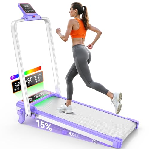 Folding Walking Pad with 15% Incline/RGB Light/Dual Screen Display, 3.5HP Treadmills for Home, Portable Walking Pad Treadmill with Handle Bar and 4 Adjustable Incline, 350lbs Capacity, Smart App