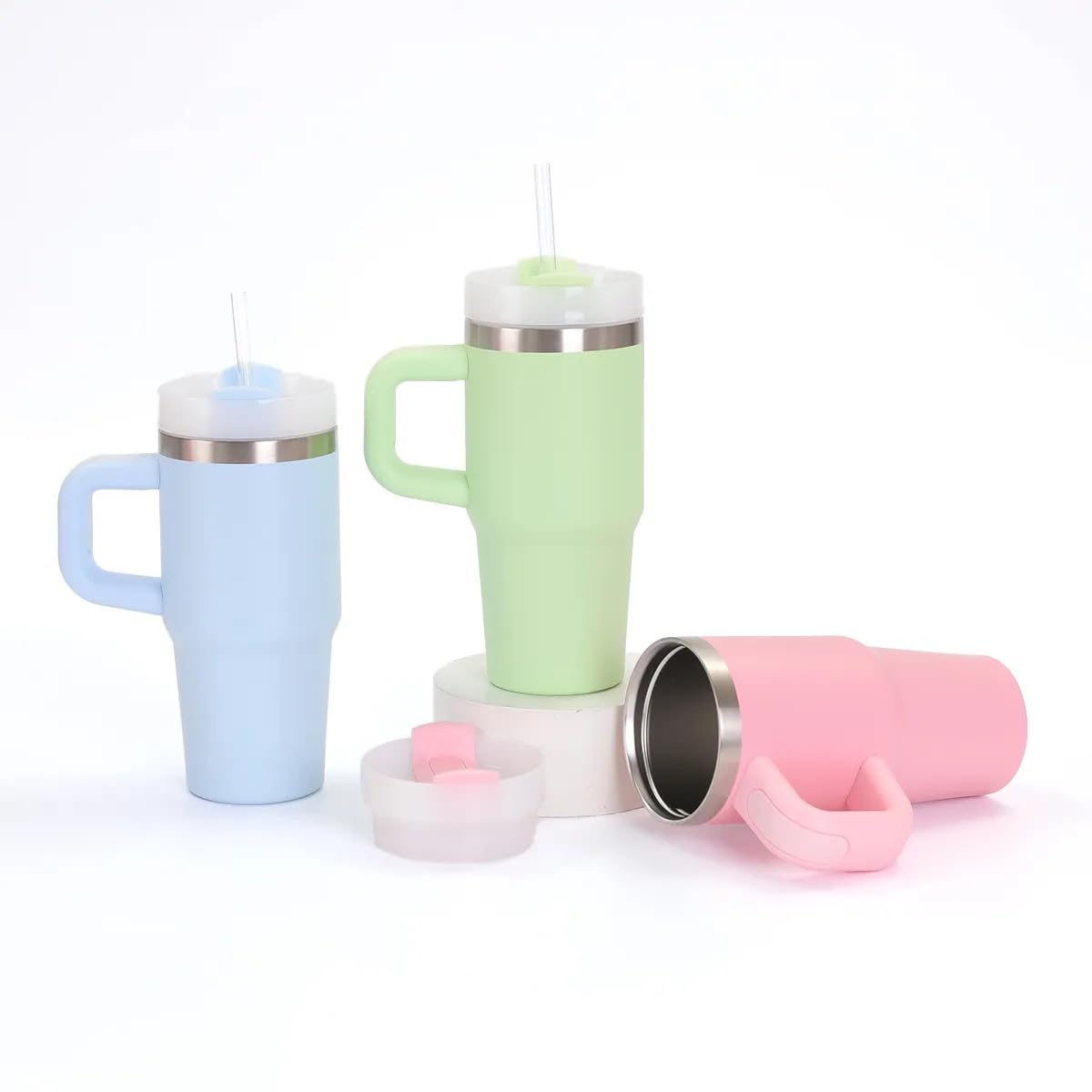 Kids Insulated Stainless Steel Tumbler with Handle - 14oz Compact Size - Work Travel Coffee Tea Water Bottle in Black, Purple, Off White, Light Pink, and Light Blue (Light pink)