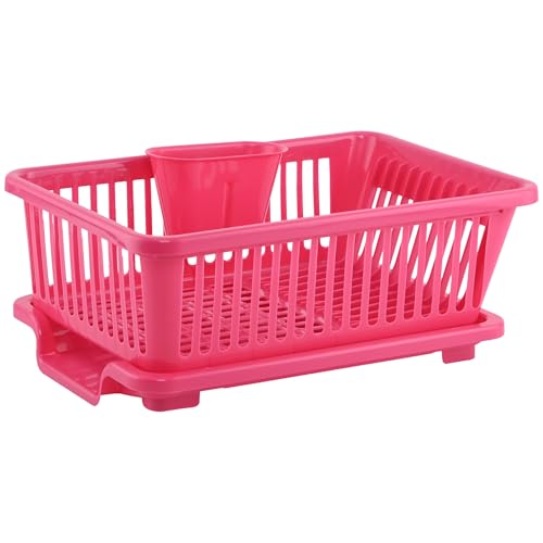 Image of Kuber Industries Plastic Sink Dish Drainer Rack | 3 in 1 Large Durable Drainer Drying Rack Washing Basket with Tray | Home & Kitchen Dish Rack Organizers, Utensils Tools Cutlery - Pink