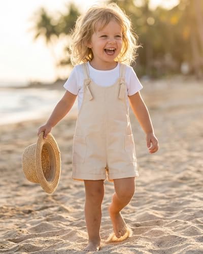 Image of HINTINA Toddler Girl Overall Shorts Set Adjustable Loose Jumpsuit Short Sleeve T-shirt Vacation Summer Outfits with Pockets