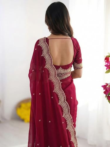 Image of SIRIL Women's Shimmer Georgette Scalloped Border Sequins Embroidery Saree with Unstitched Blouse Piece