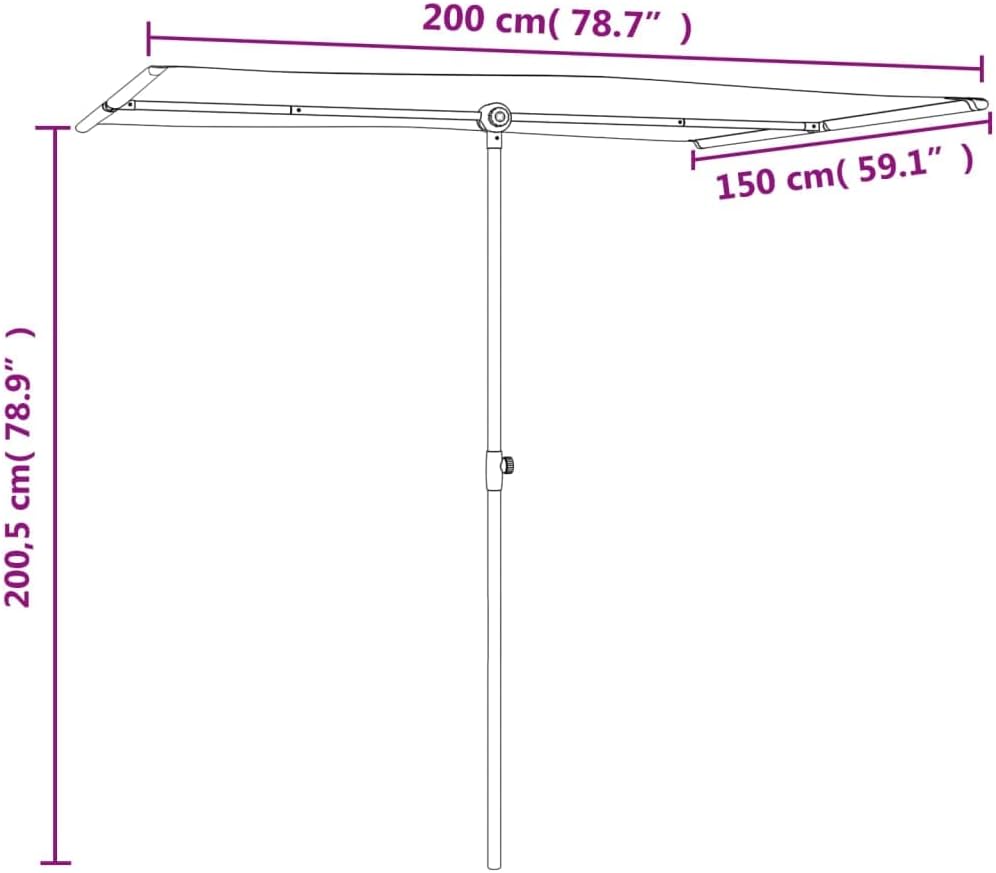 Diagram showing the dimensions of the rectangular parasol