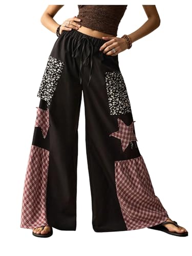 BEAUDRM Women's Wide Leg Palazzo Pants Vintange Plaid Patchwork Baggy