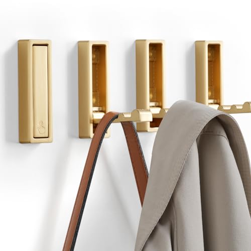 VOSEPO Folding Coat Hooks, 4Pcs Foldable Heavy Duty Wall Hooks Zinc Alloy No Rust Fold Up Hooks for Coat, Towel, Key, Hat, Bag, Jacket, Backpack. (Gold)