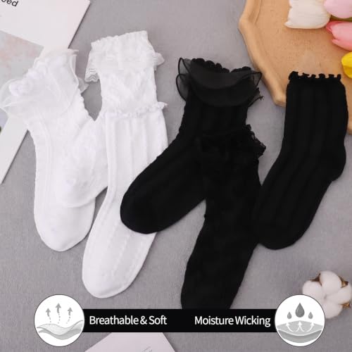 Image of Jspupifip 6 Pairs Lace Ruffle Frilly Crew Socks for Women Girls | Cotton Breathable Cute Princess Ankle Dress Lace Socks Thin Cool Casual Socks
