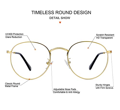 Image of Clear Glasses for Women Men, Classic Round Metal Frame Clear Lens Fake Glasses (Gold)