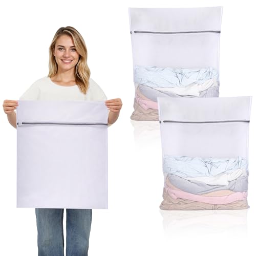 Dntorx 2 Stück Wäschenetz Groß 50 x 60 cm Wiederverwendbar Wäschenetz für Waschmaschine Große Wäschesack Waschmaschine mit Reißverschluss für Hemden Pullover Mäntel Hosen (XL Weiß)