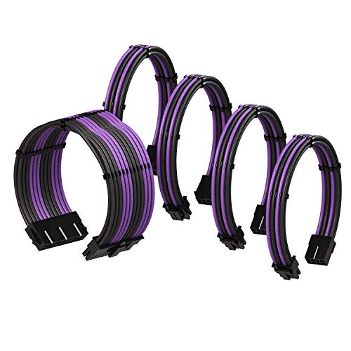 LINKUP - Extensão de cabo de PSU super macio e flexível com capa personalizada mod GPU PC entrançado com kit de alinhadores 1x 24 P (20 4) MBW2x 8P (44) CPUW2x 8P (6 2) GPUWWWORW30 cm 300 mm - roxo preto
