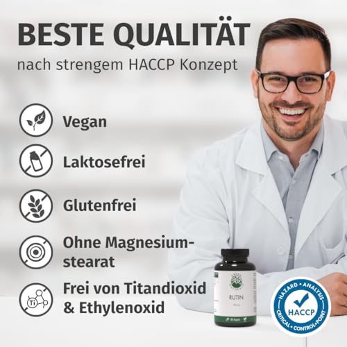 Green Naturals® Rutin Kapseln - Hochdosiert: 500mg - Vorrat für 6 Monate (180 Kapseln) - Deutsche Herstellung - 100% Vegan & Ohne Zusätze