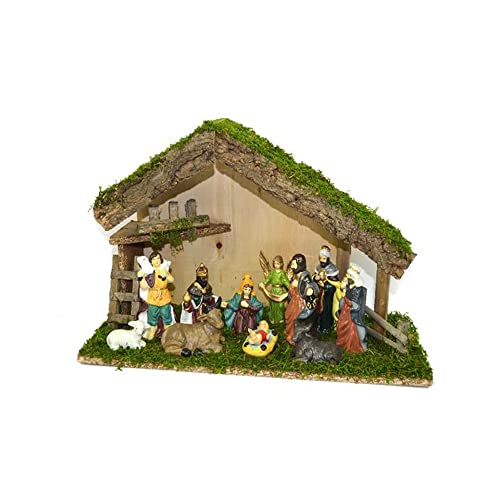 Generico Capanna PRESEPE di Natale Completa di Natività da 11 Pezzi in Sughero e Muschio Artigianale Dimensioni 42 x 16 x h.26 cm Napoletano con 11 Statuine da 15cm