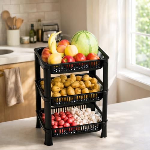 Image of Plastic Kitchen Rack, Multipurpose Vegetable & Fruit Storage Basket Organizer for Home, Pantry & Kitchen - Strong & Easy to Assemble (3 Layer, Black)