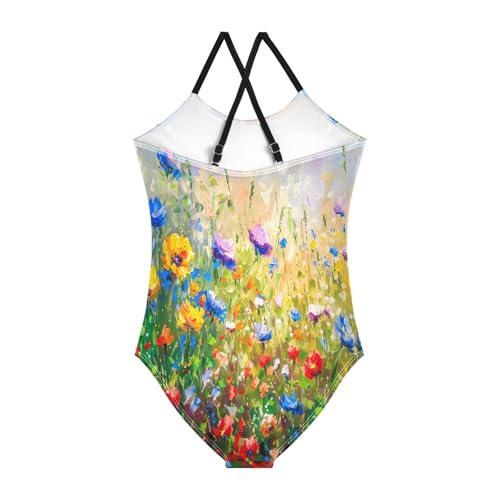 Girl Bathing Suits Beach Swim Suits Kids 3-10 Y with Adjustable Shoulder Strap, Painting Wild Flowers Spring2