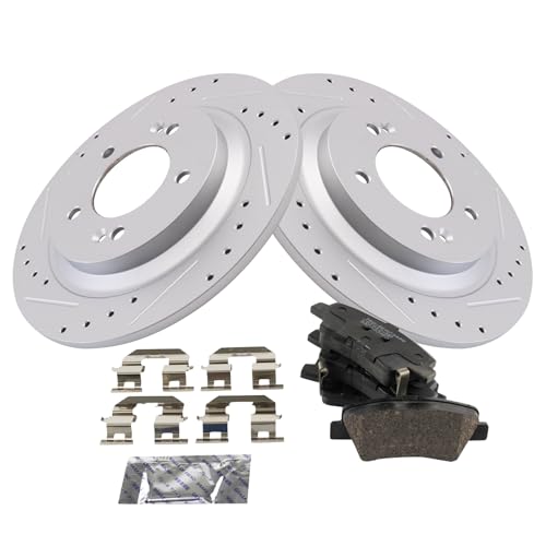 Image of TRQ Performance Rear Brake Pad and Rotor Set Ceramic Drilled Slotted G Coated Rotors Compatible with 2018-2020 Hyundai Elantra GT 2016-2019 Sonata 2016-2020 Kia Optima 2016-2019 Soul EV