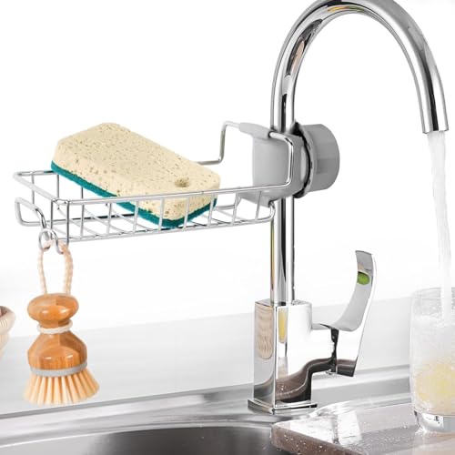 Image of Faucet Mounted Sponge Holder for Kitchen Sink - Stainless Steel Tap Storage Rack Organizer | Adjustable Clamp Basket for Scrubber, Soap, Dishwashing Accessories | Rust Proof (SS Caddy, Pack of 1)