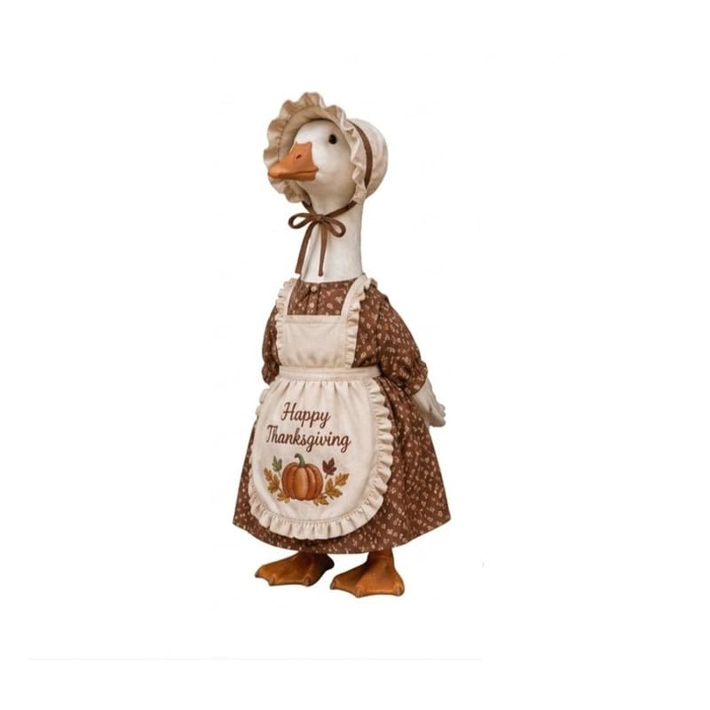 Juakoso Thanksgiving Pilgrim Porch Goose Outfit for 23 Inch Cement Lawn Goose Statue Brown Dress with Happy Thanksgiving Pumpkin Apron & Ruffle Bonnet Hat for Fall Harvest Yard Outdoor Decor