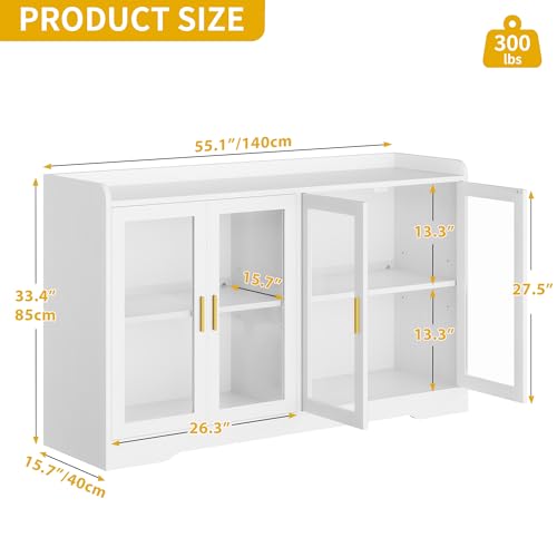 DWVO 55'' Sideboard Buffet Cabinet with LED Light, Coffee Bar Cabinet with 4 Doors & Adjustable Shelves, Large Storage Cabinet for Kitchen, Dining Room, Living Room, White