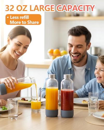 Image of Zukro 32 oz Glass Juice Bottles With Lids, 3 Pack Large Clear Glass Bottle with Airtight Stainless Steel Lids For Juicing, Water, Homemade Drinks, Non-slip Silicone Base, Leak Proof & BPA Free