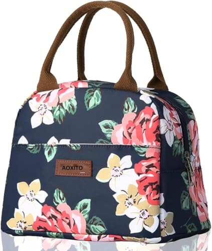 Image of AOXITOLarge Insulated Lunch Bag for Office Men, Women, Kids School, Travel Tiffin Bag Pouch, Hot & Cold Lunch Box Bags for Boys, and Girls (Blue Leaf) (Rose Blue)