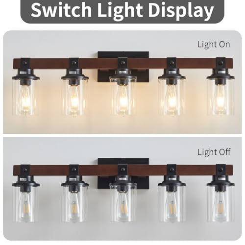 Image of 5 Bathroom Vanity Lights, Farmhouse Wooden Bathroom Light Fixture Over Mirror with Clear Glass, Wood Vanity Light for Bedroom,Living Room