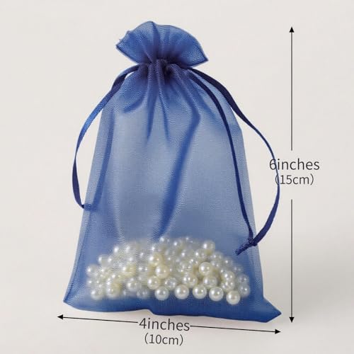 Image of YHJZ 100PCS Navy Blue Organza Bags, 4x6 Inches Small Mesh Bags Drawstring, Jewelry Gift Bags for Birthday, Wedding, Graduation Party Favors