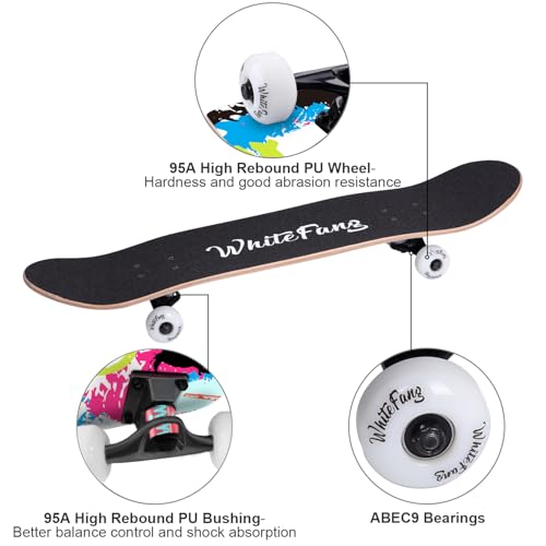 Image of WhiteFang Skateboards for Beginners, Complete Skateboard 31 x 7.88, 7 Layer Canadian Maple Double Kick Concave Standard and Tricks Skateboards for Kids and Beginners