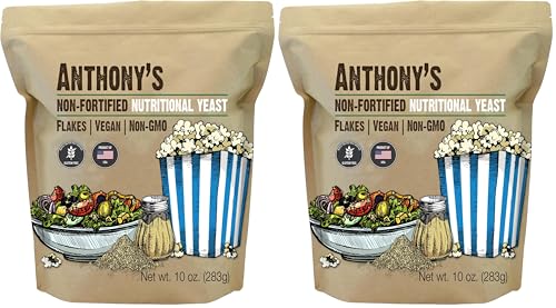 Anthony's Premium Nutritional Yeast Flakes, 10 oz, Non Fortified, Batch Tested Gluten Free, Non GMO (Pack of 2)