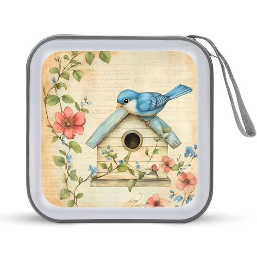 Blue Jay Bird Birdhouse Flower CD Case Plastic DVD Case Holder Wallet Disc Storage Organizer for Car Travel