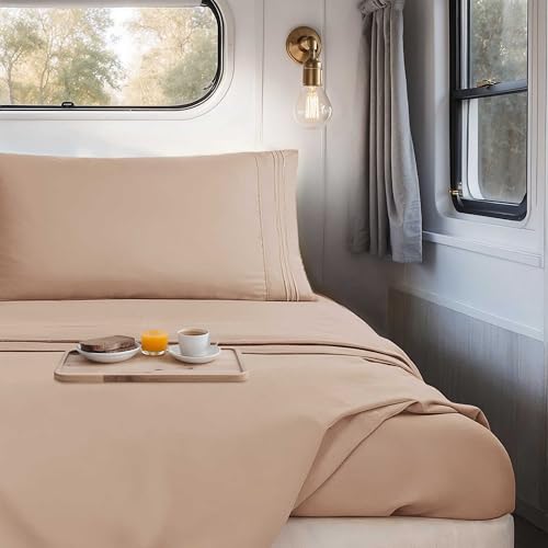 Image of Nestl Khaki Short Queen Sheets for RV, Hotel Luxury RV Queen Sheets Set, 4 Piece Fitted Bed Sheet Set and Pillowcases, Super Soft, Wrinkle-Free, and Breathable Camper Bedding