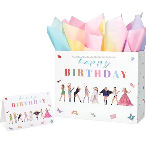 Crisky Large Happy Birthday Gift Bags for Women with Tissue Paper and Card, Music Lovers, Pop Singer Birthday Gift Bag with Handles for Party Decorations Supplies, 13"