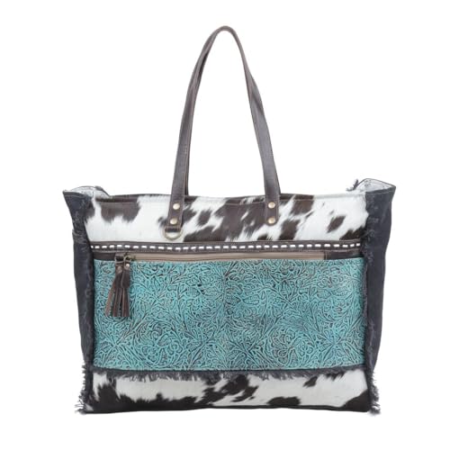 Myra Bag Large Cowhide Purse - Sea Grass Cow Hide Purse for Weekend, Turquoise Tooled Leather with Canvas and Cotton Cowhide Purses for Women, Western Handbags, Western Gifts for Women