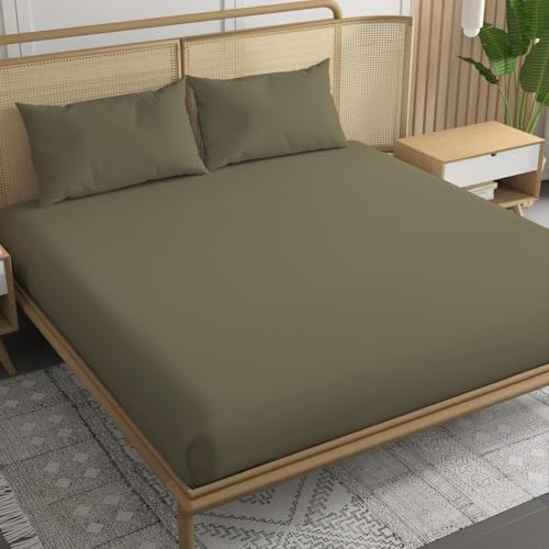 Image of Trance Home Linen 300 TC Bamboo Solid Fitted Bedsheet | Soft, Breathable & Eco-Friendly Bedsheet with 2 Pillow Cover - (75x72 inch, Mocha),Green