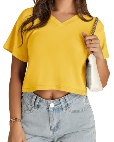Image of Womens Crop Tops Short Sleeve V Neck Summer Cropped T Shirts Baisc Tees