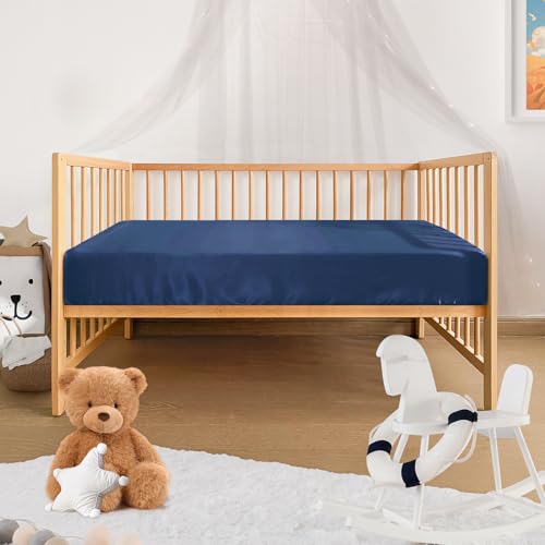 Image of Pro Goleem Satin Soft Crib Sheet Great for Baby with Sensitive Hair Silky Baby Sheet Navy Blue 52''x28''x8'' Fitted Sheet for Boys and Girls