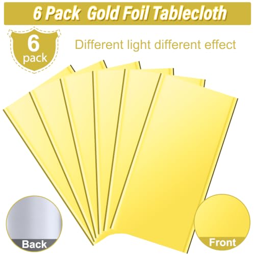 Image of 6 Pack Gold Plastic Tablecloth, Disposable Rectangle Table Covers, Holographic Metallic Foil Tablecloth Gold Party Supplies Decorations for Birthday Graduation Anniversary Bachelorette, 54x108Inch