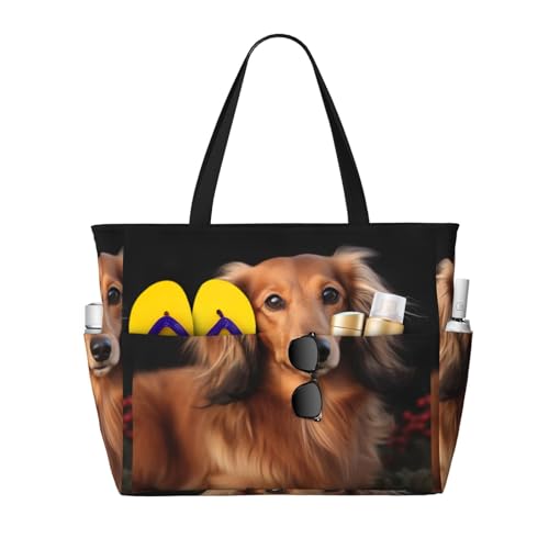 Beach Bags For Women Large Waterproof Sandproof Beach Tote Bag Lightweight Zipper Carry On Bag Long Haired Dachshund Pool Bag For Gym Travel Vocation