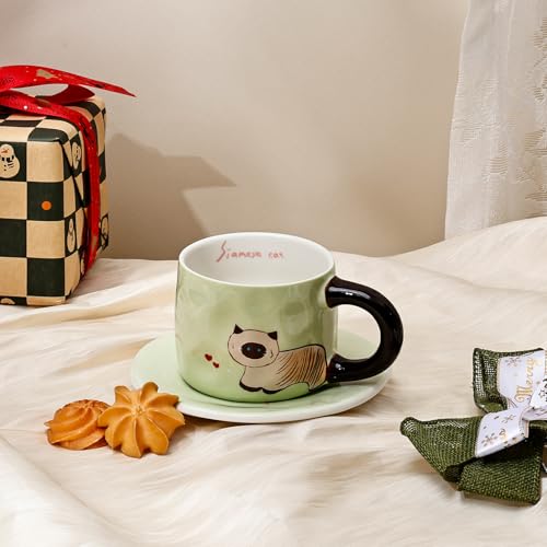 Taza con ilustración de gato verde de cerámica miniatura 7