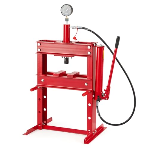 GarveeTech 10 T Hydraulic Press, Heavy Duty H Frame Garage Hydraulic Shop Press with 2 Press Plates, Adjustable Work Table Height, Red