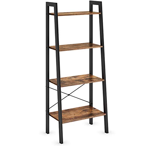 Ballucci Ladder Shelf Bookcase, 4-Tier Storage Rack, Display Bookshelf & Plant Stand, Wood With Black Steel Frame, Accent Furniture For Living Room, Office, Bathroom, Bedroom - Rustic Brown #TOP19